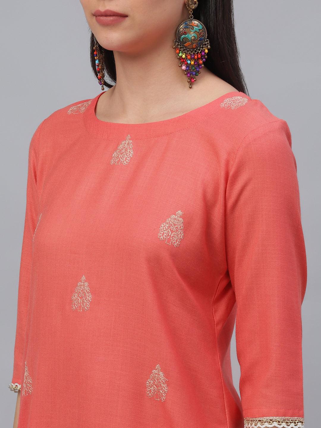 Pink Embroidered Cotton Kurta