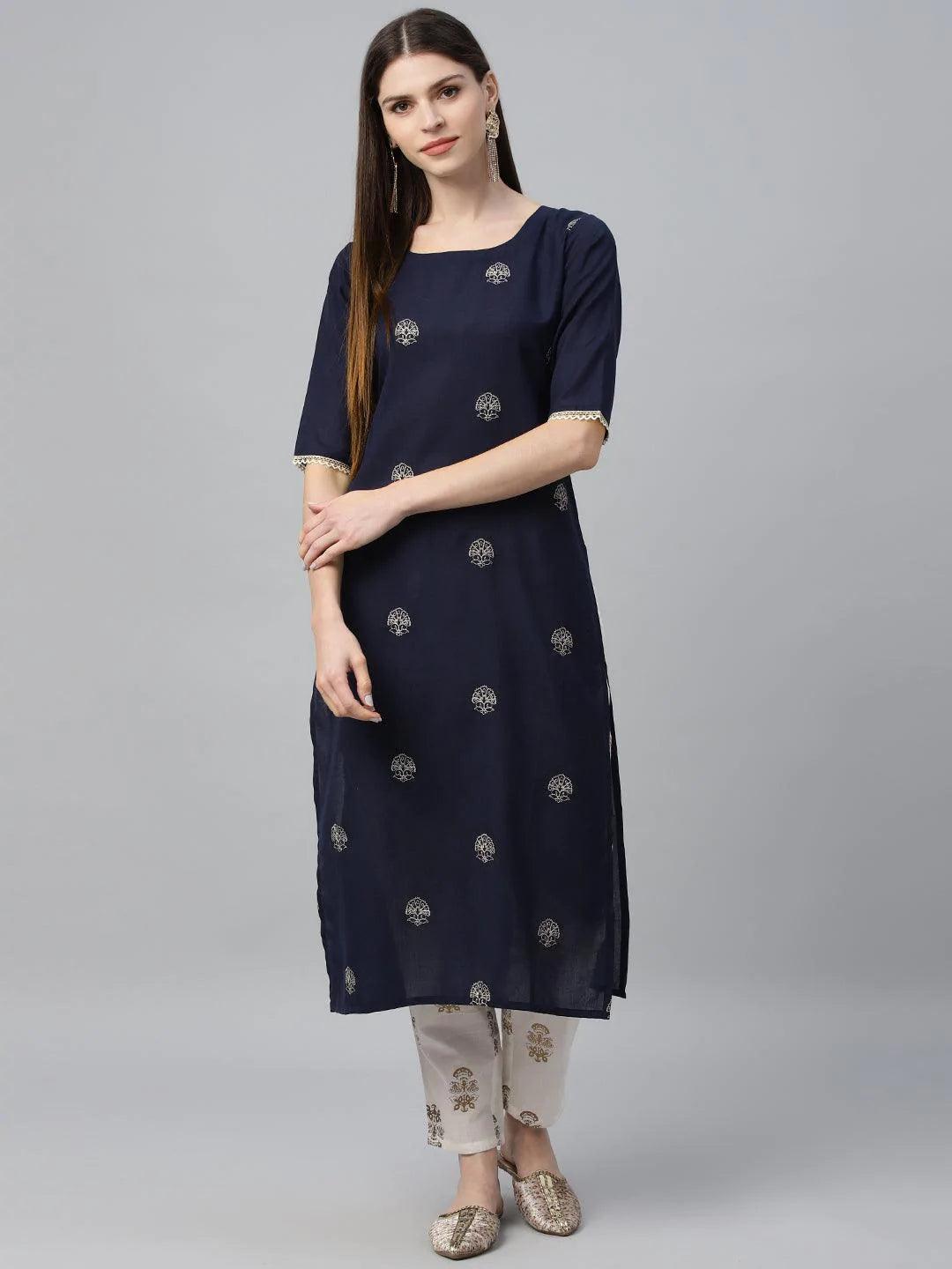 Blue Embroidered Cotton Kurta - ShopLibas