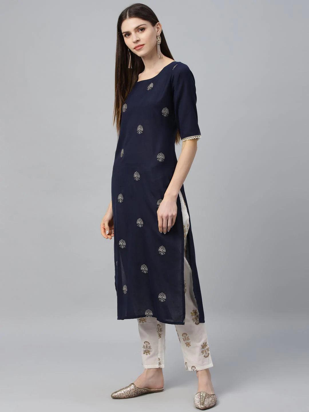 Blue Embroidered Cotton Kurta - ShopLibas