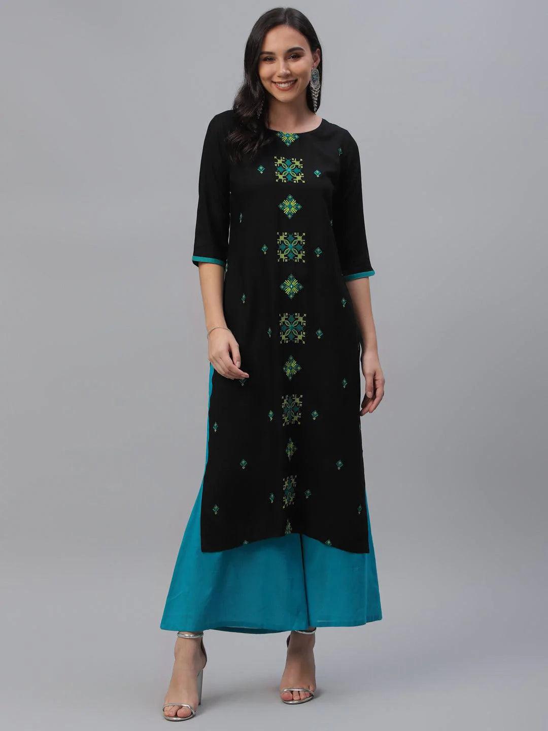 Black Embroidered Rayon Kurta