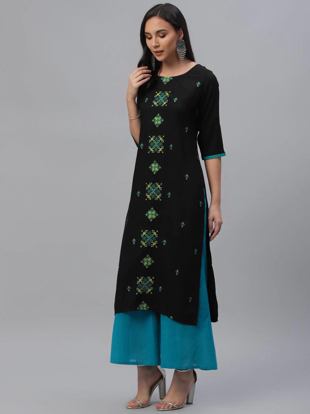 Black Embroidered Rayon Kurta