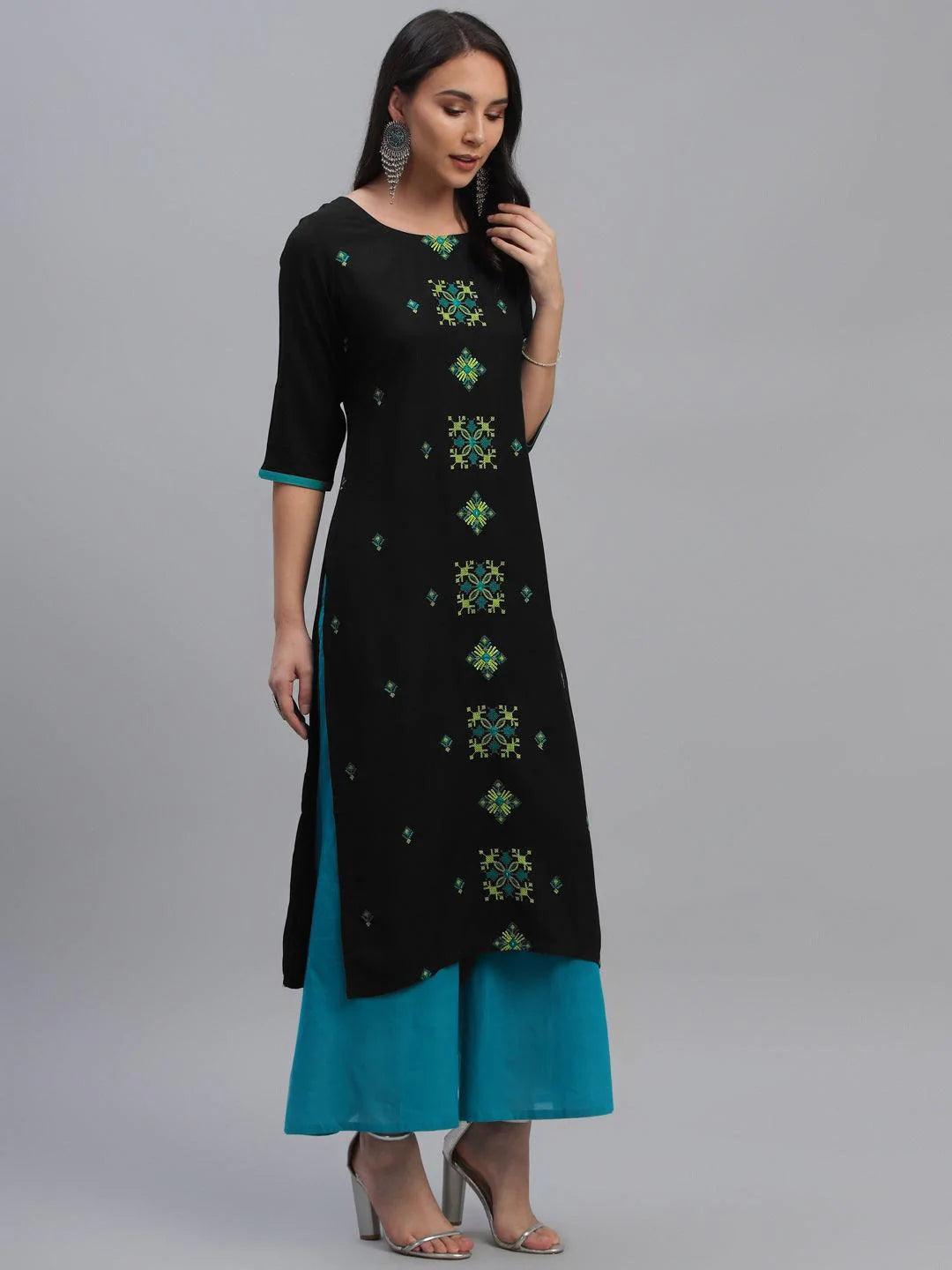 Black Embroidered Rayon Kurta