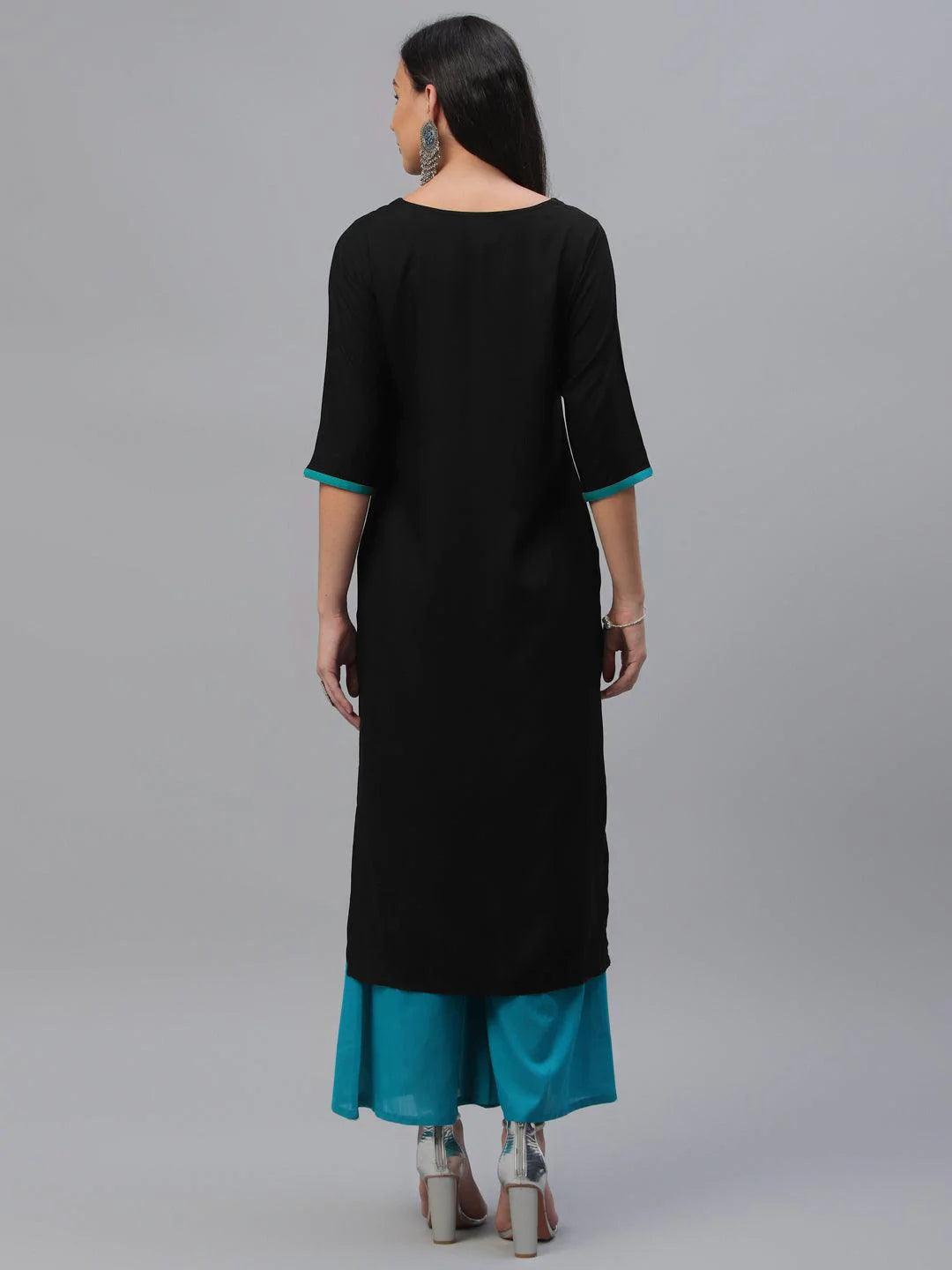 Black Embroidered Rayon Kurta