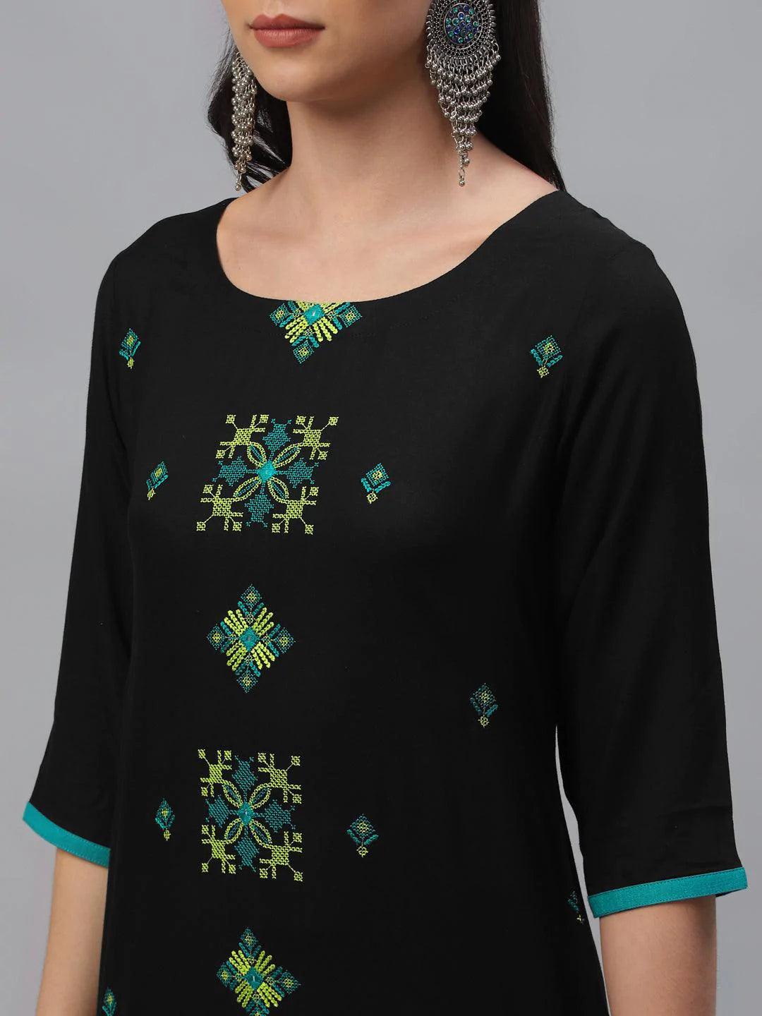 Black Embroidered Rayon Kurta