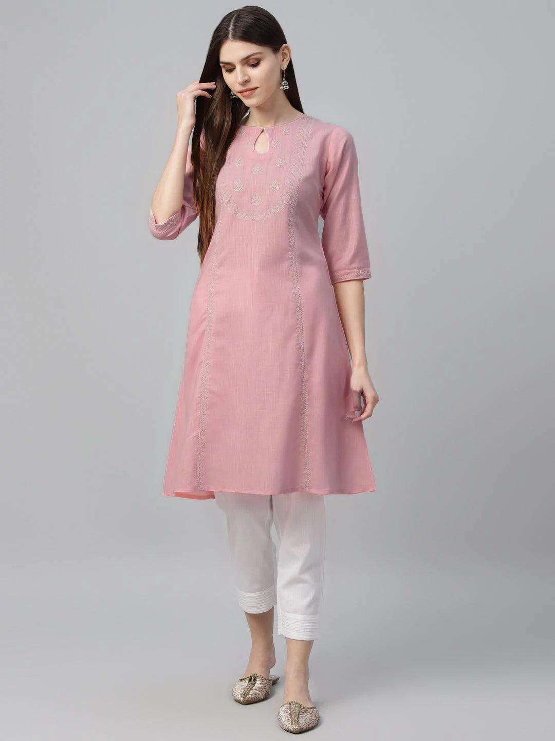 Pink Embroidered Cotton Kurta