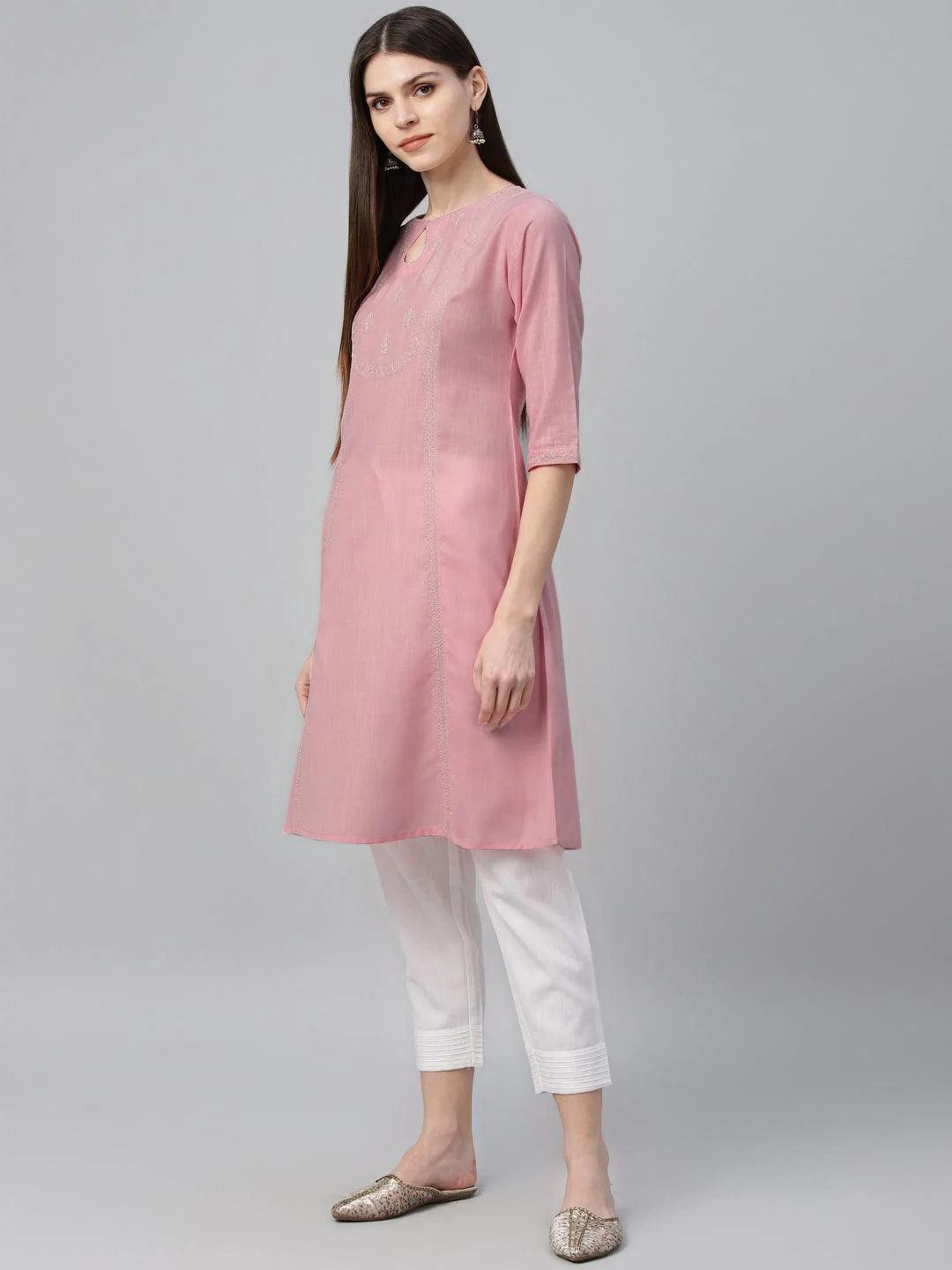 Pink Embroidered Cotton Kurta