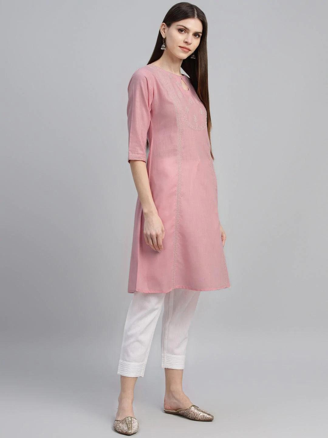 Pink Embroidered Cotton Kurta