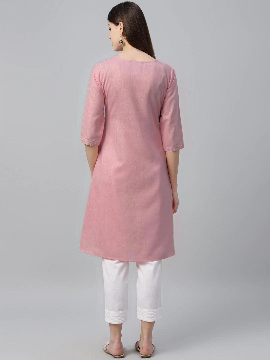 Pink Embroidered Cotton Kurta