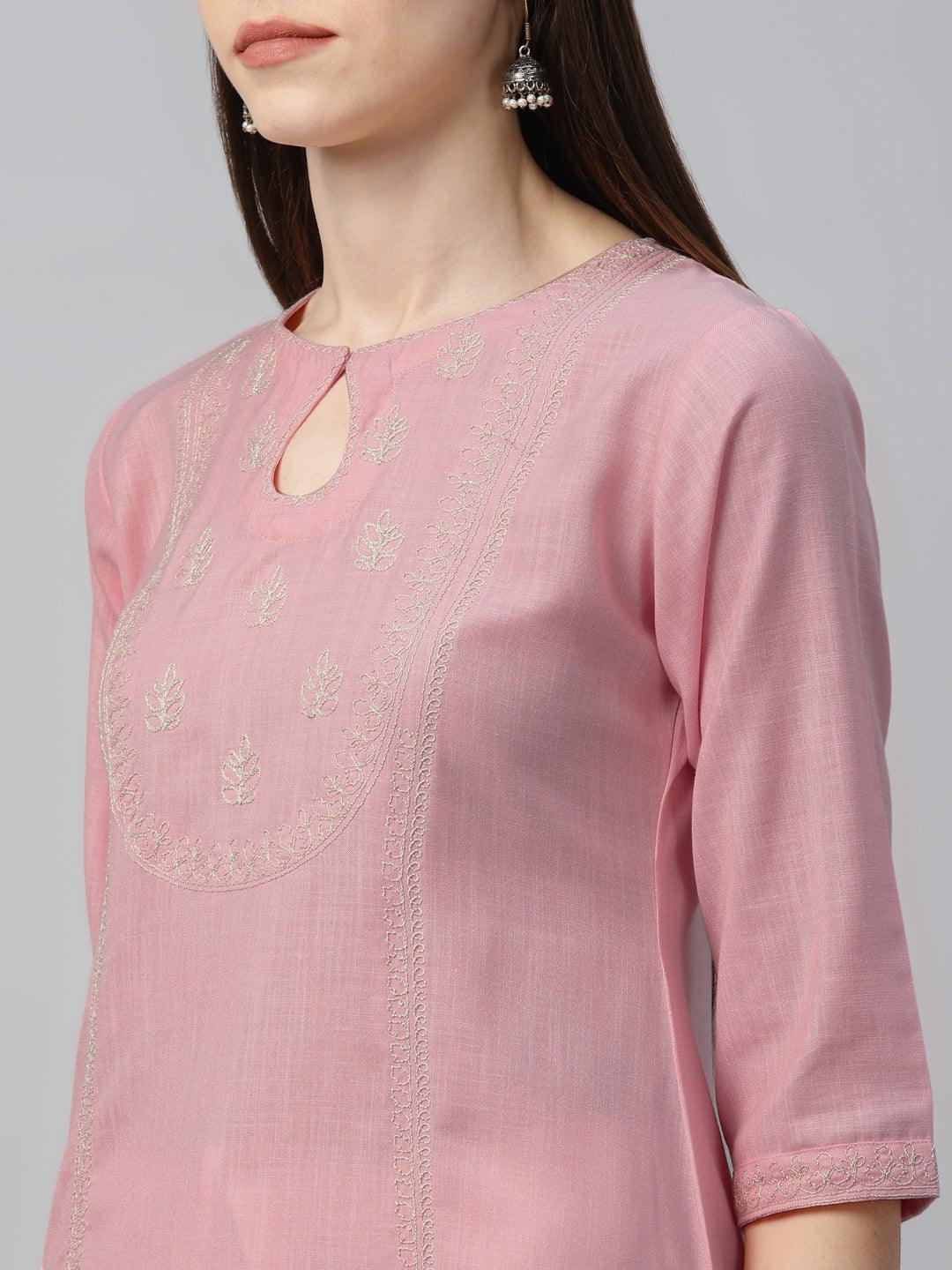 Pink Embroidered Cotton Kurta