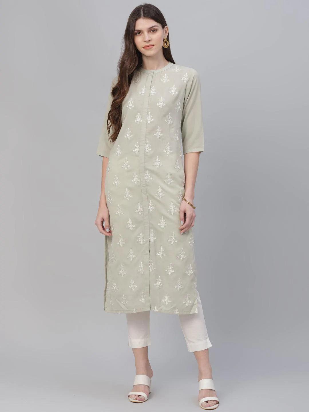 Beige Embroidered Cotton Kurta