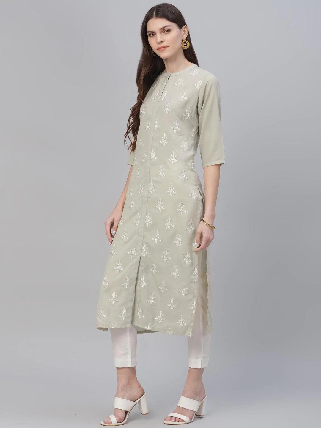 Beige Embroidered Cotton Kurta