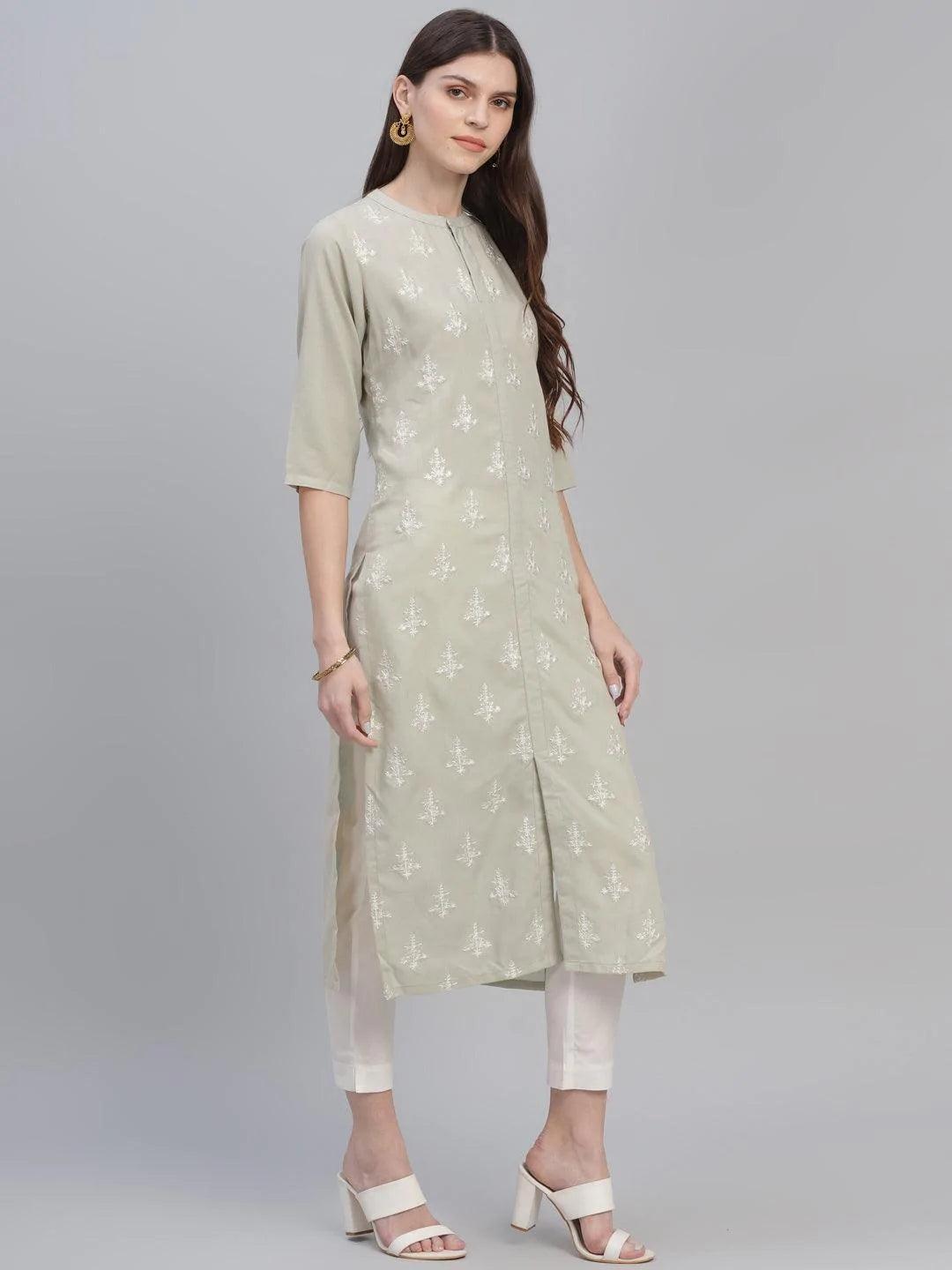 Beige Embroidered Cotton Kurta