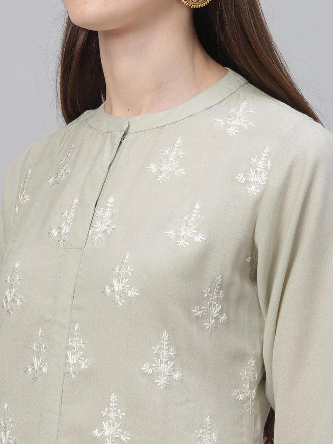 Beige Embroidered Cotton Kurta