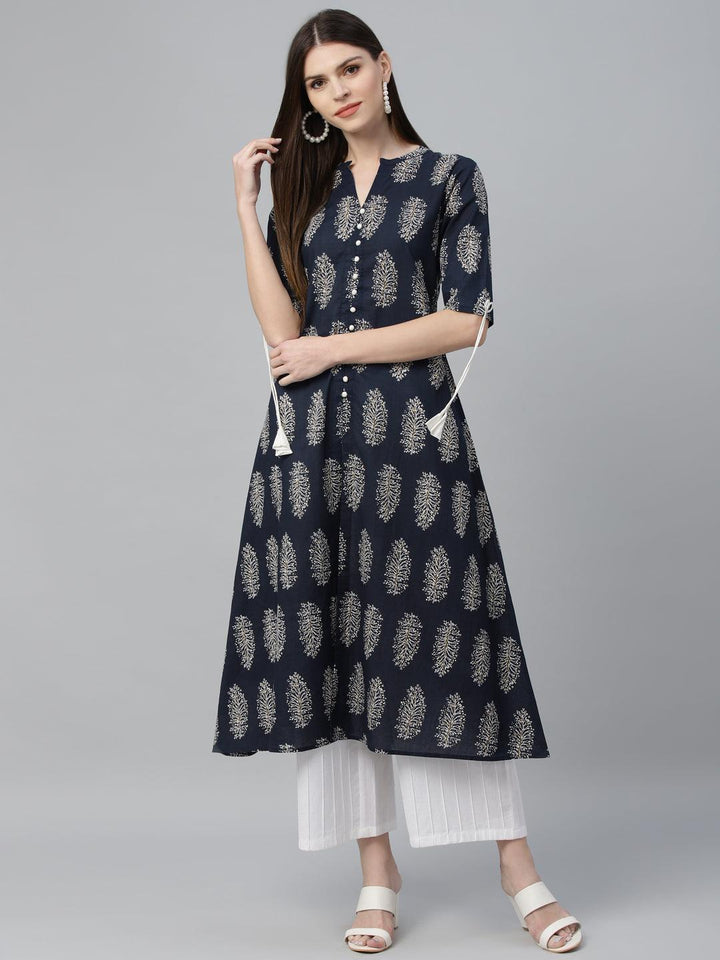 Blue Printed Cotton Kurta - ShopLibas