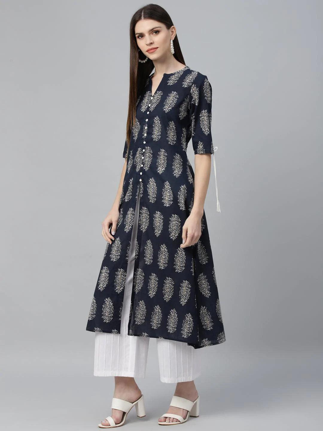 Blue Printed Cotton Kurta - ShopLibas