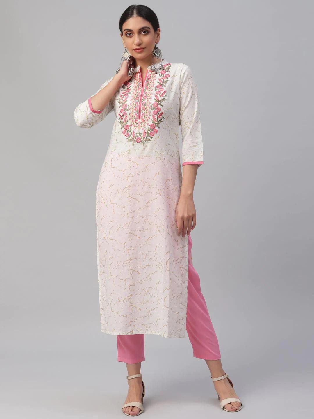 White Embroidered Cotton Kurta - ShopLibas