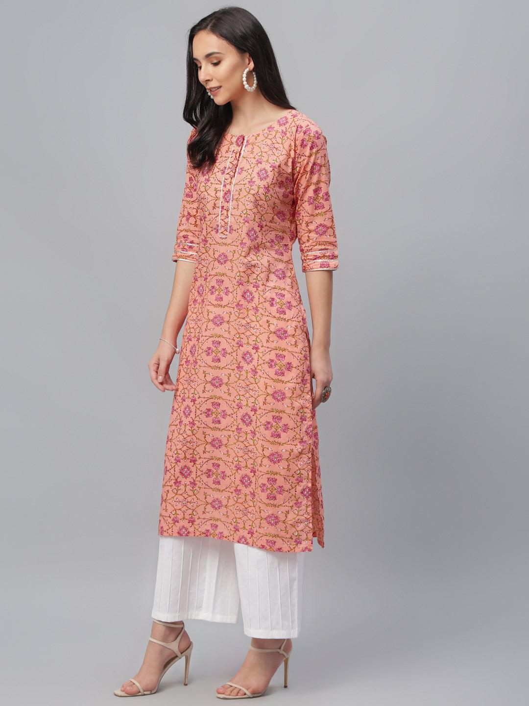 Peach Printed Cotton Kurta - ShopLibas