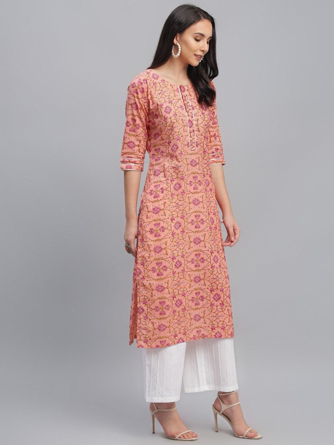 Peach Printed Cotton Kurta