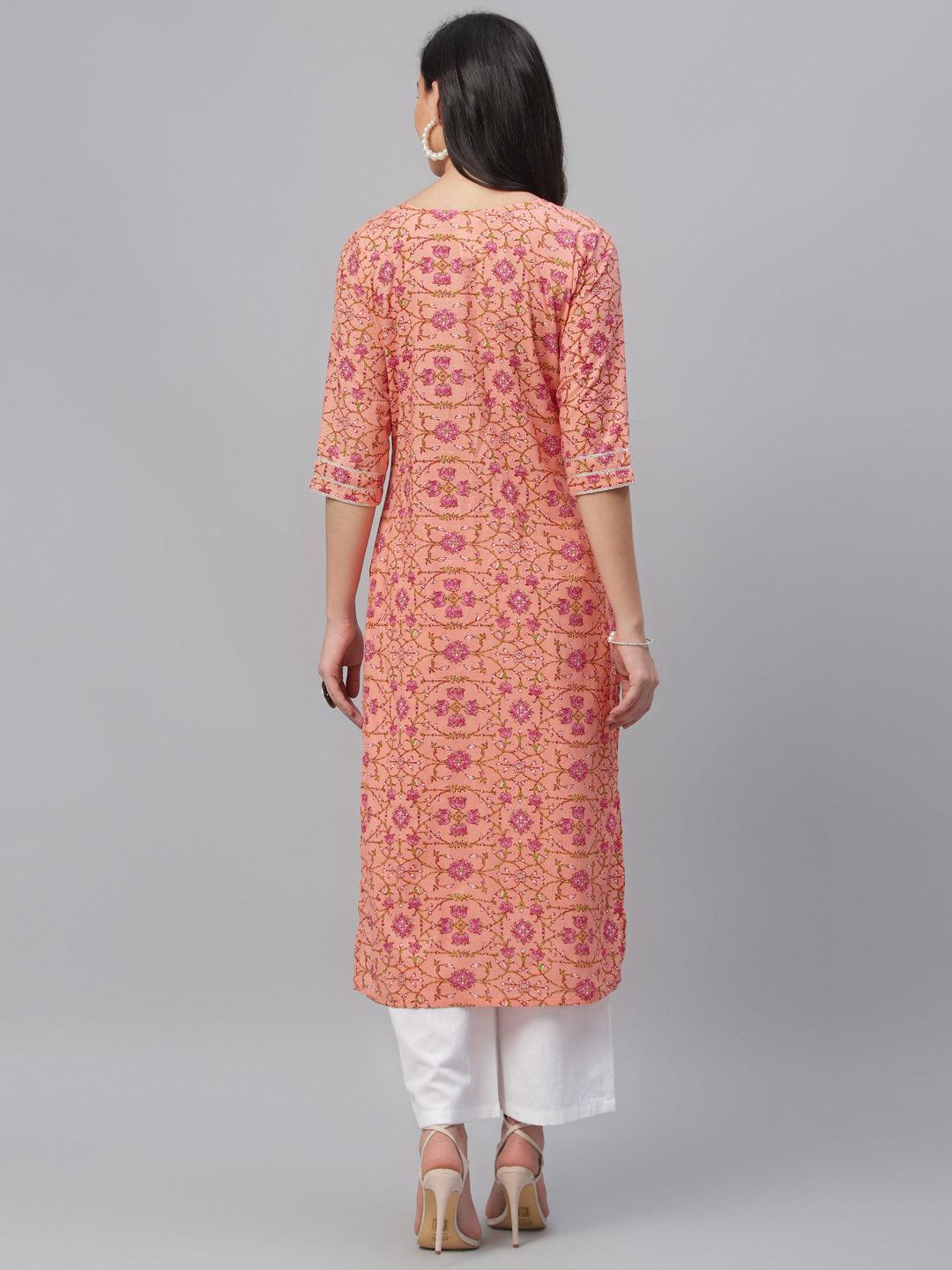 Peach Printed Cotton Kurta