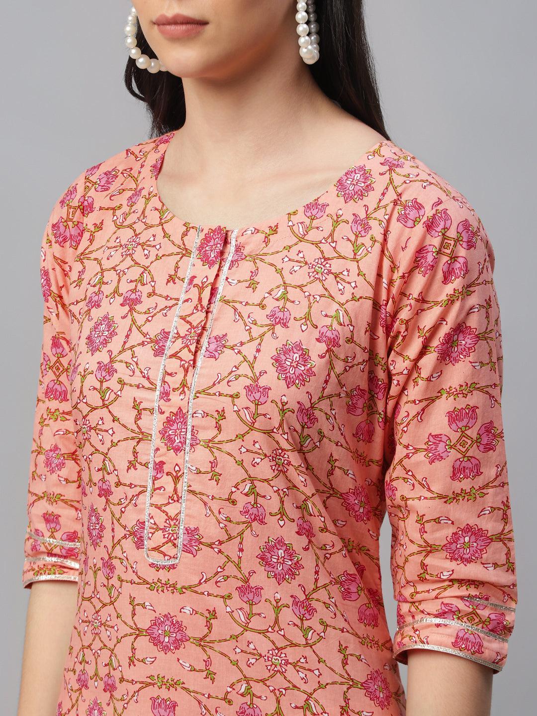 Peach Printed Cotton Kurta - ShopLibas