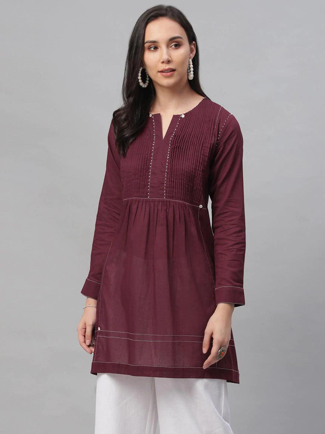 Maroon Solid Cotton Kurti - ShopLibas