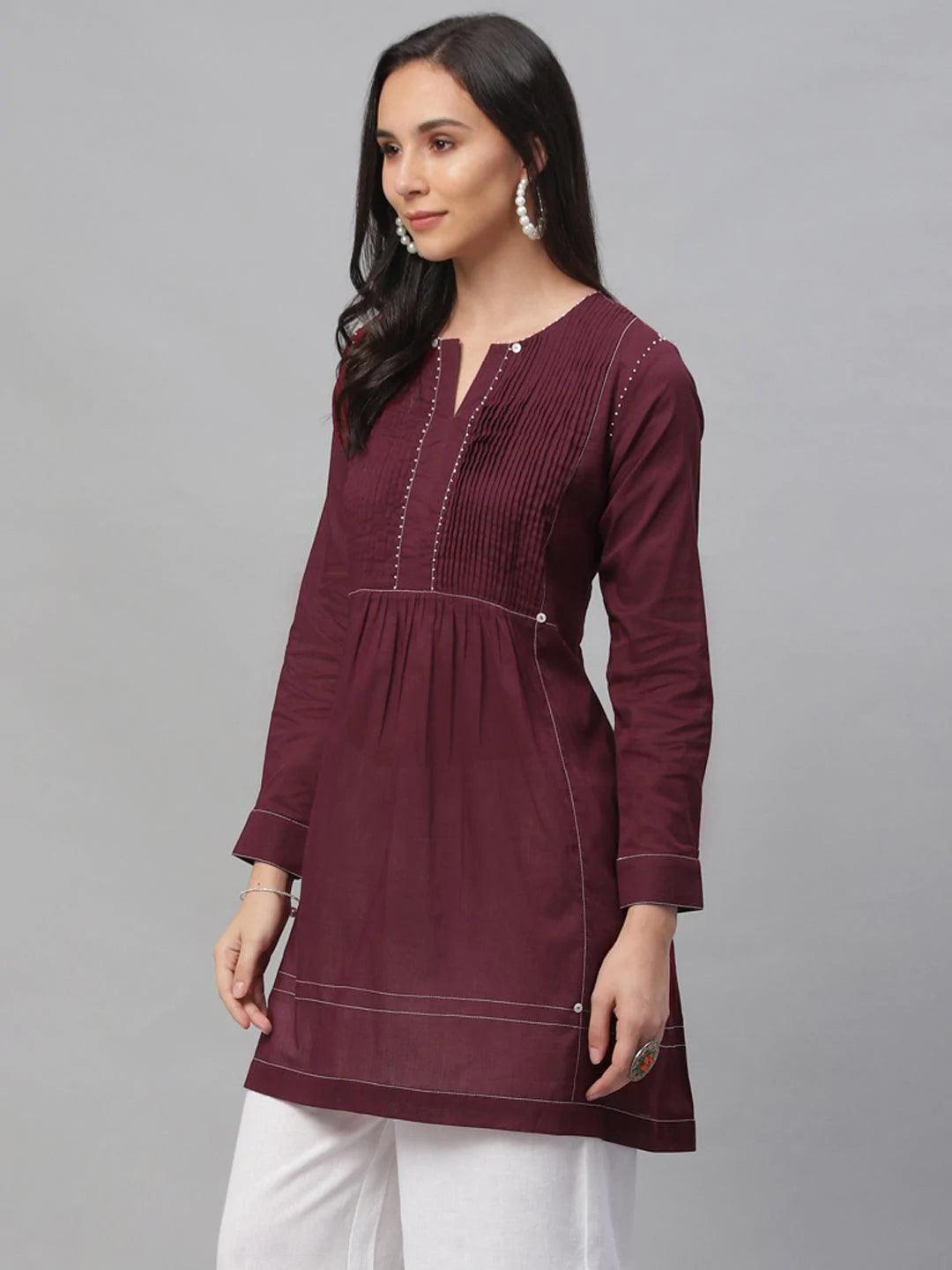 Maroon Solid Cotton Kurti - ShopLibas