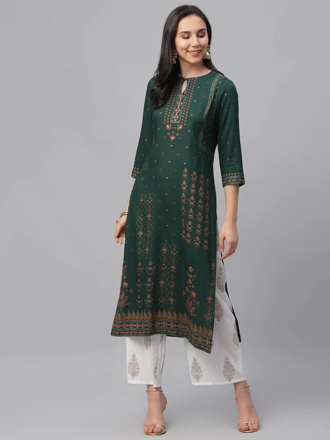 Green Printed Rayon Kurta