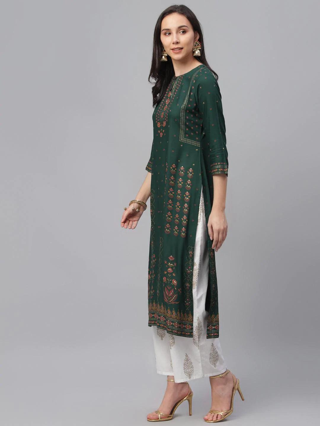 Green Printed Rayon Kurta