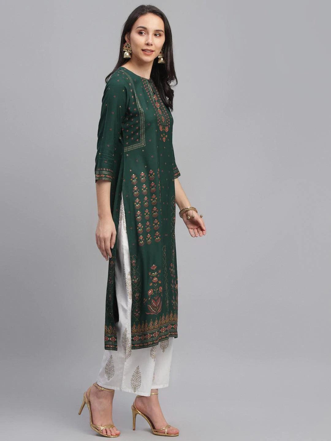 Green Printed Rayon Kurta