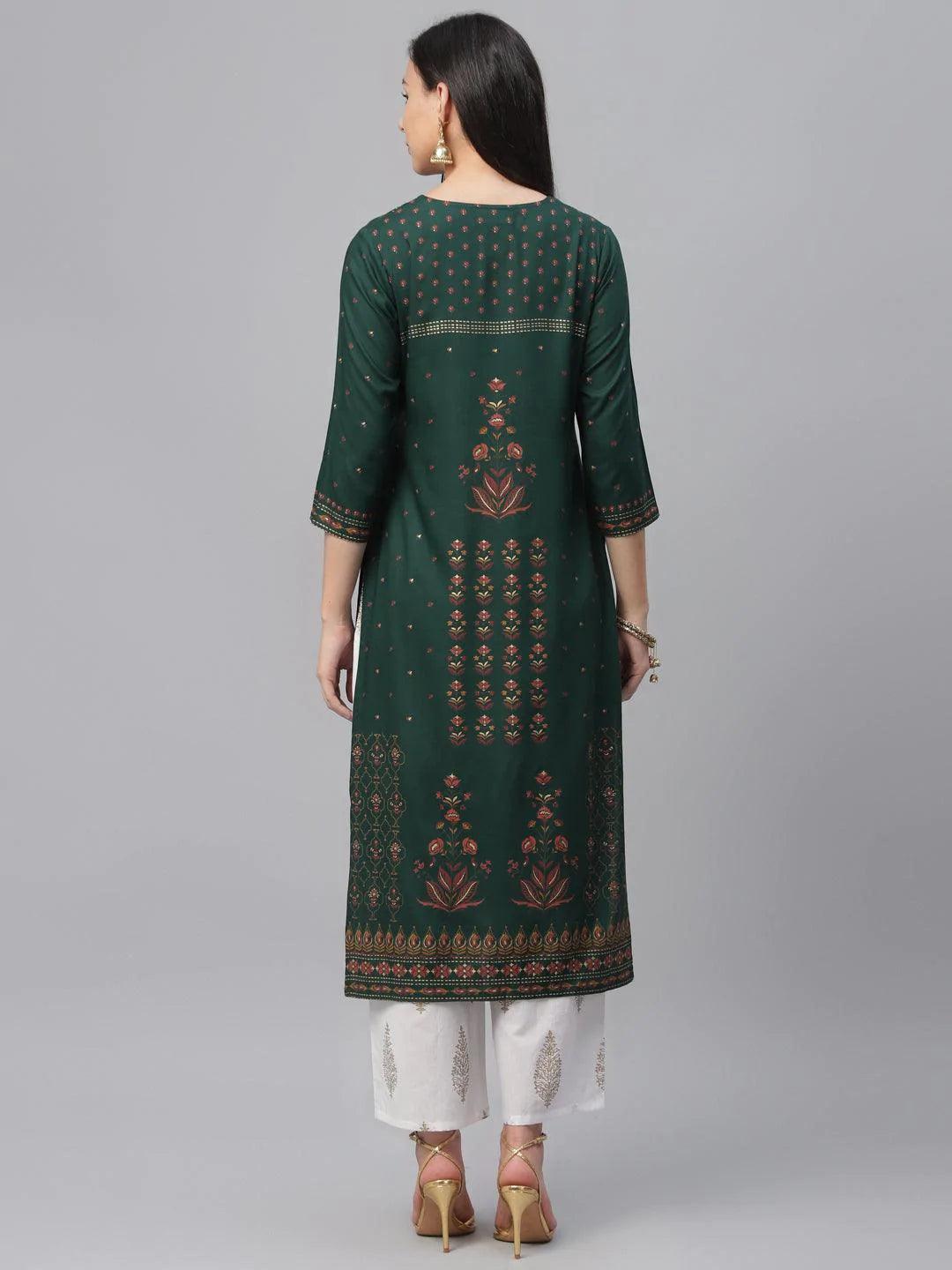 Green Printed Rayon Kurta