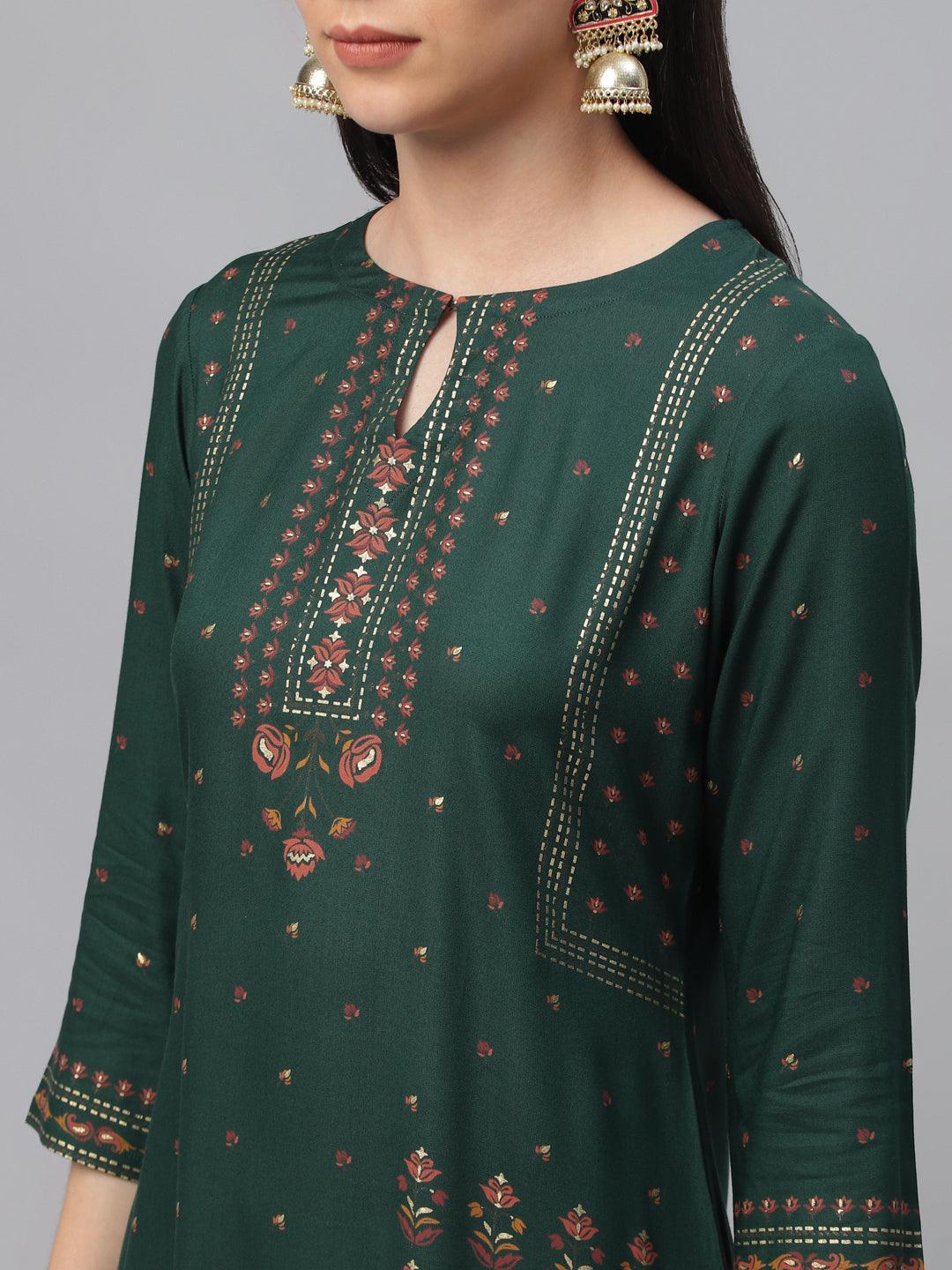 Green Printed Rayon Kurta - ShopLibas