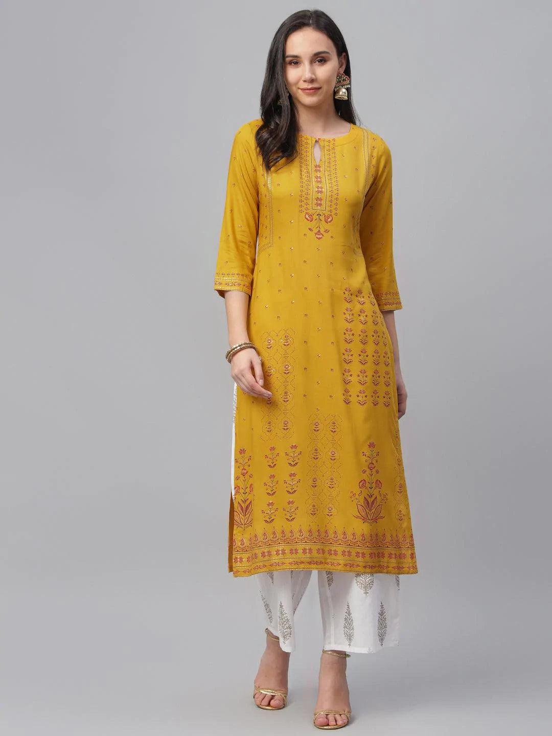 Yellow Printed Rayon Kurta - ShopLibas