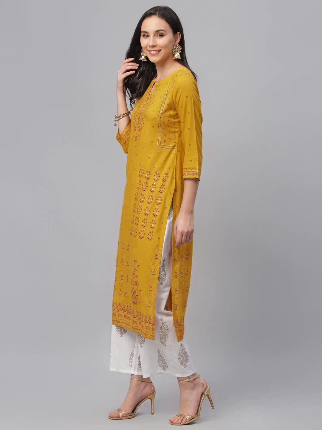 Yellow Printed Rayon Kurta - ShopLibas