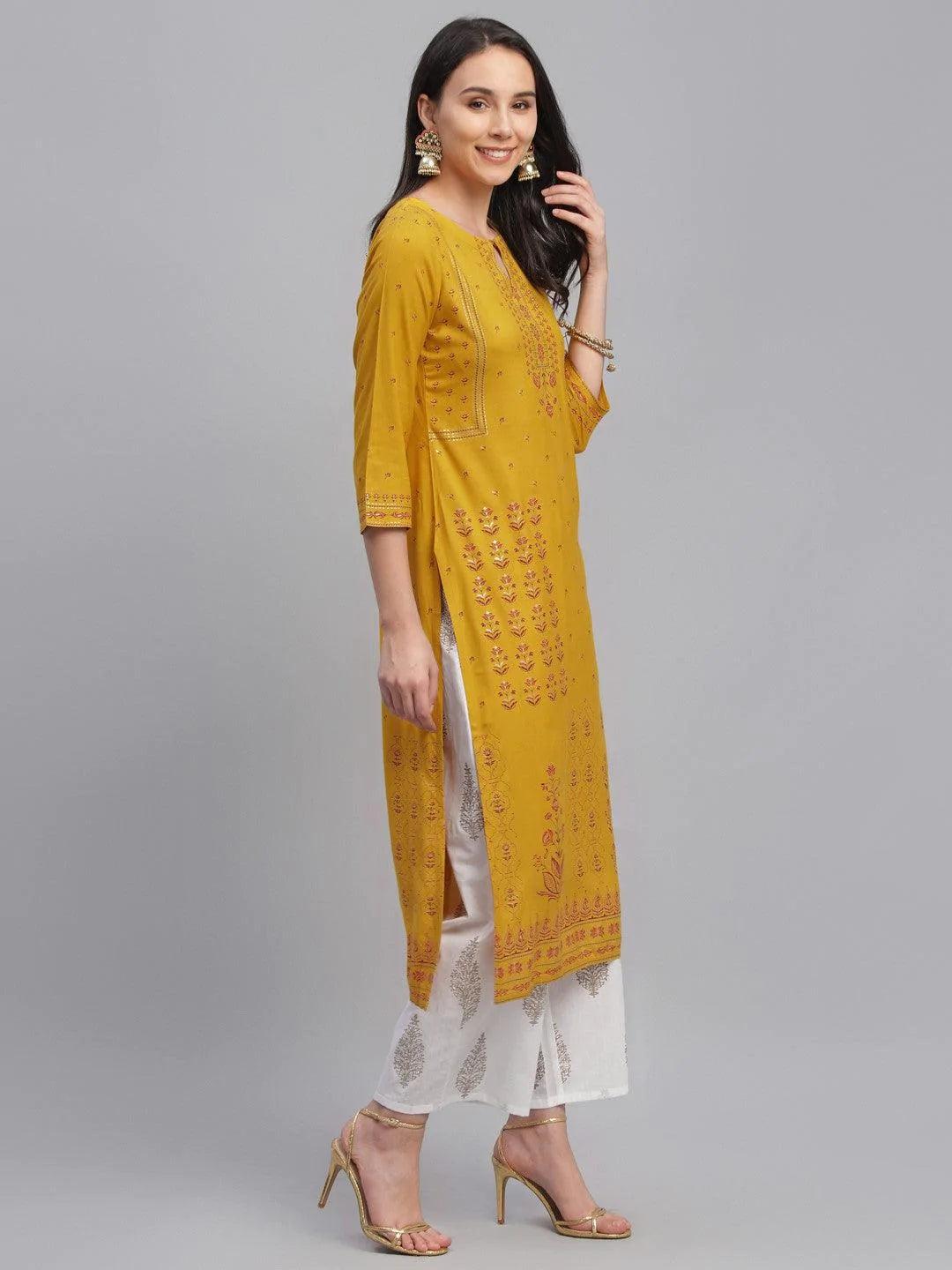 Yellow Printed Rayon Kurta - ShopLibas