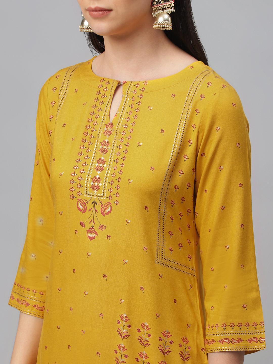 Yellow Printed Rayon Kurta - ShopLibas