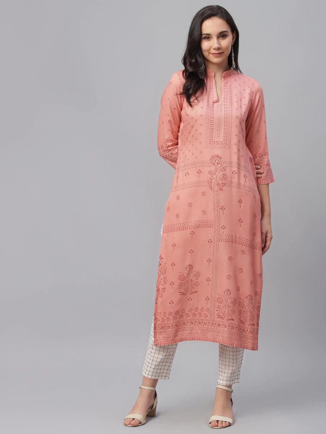 Pink Printed Rayon Kurta