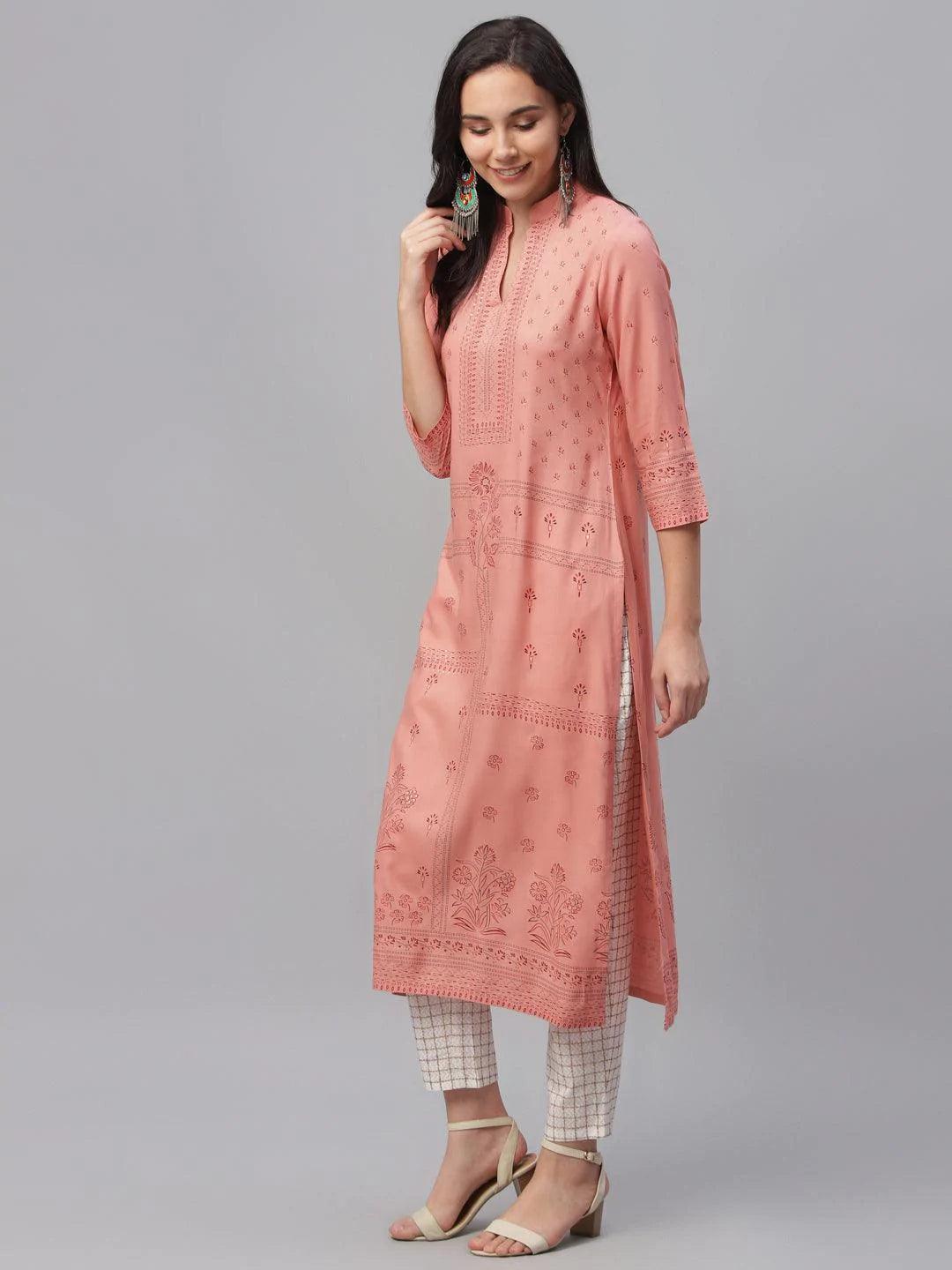 Pink Printed Rayon Kurta