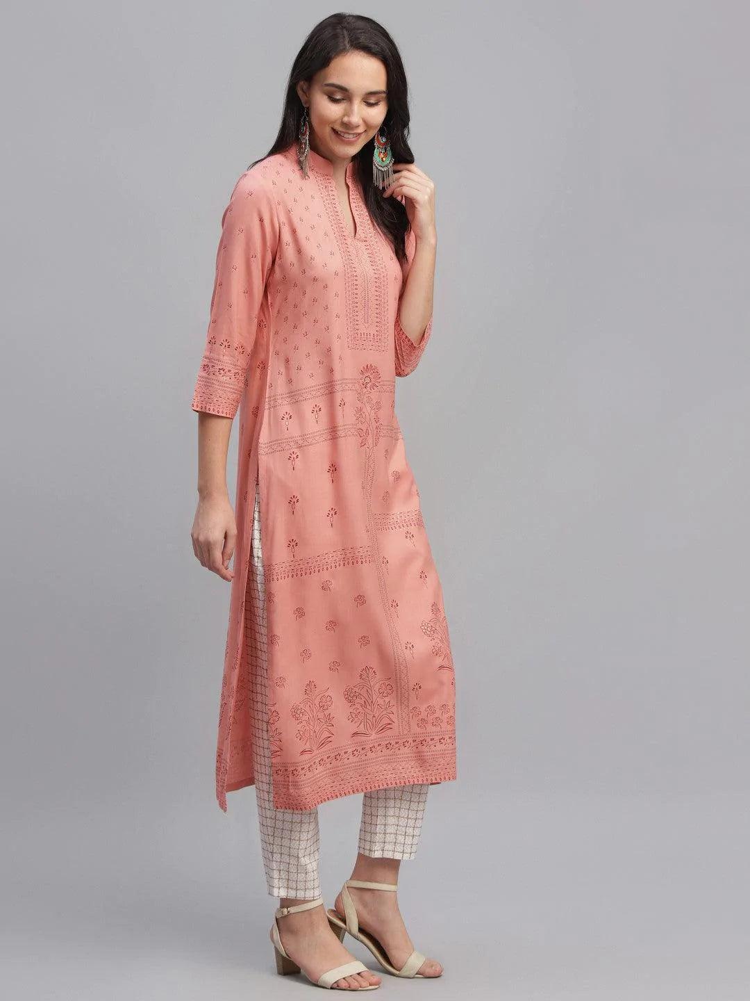 Pink Printed Rayon Kurta