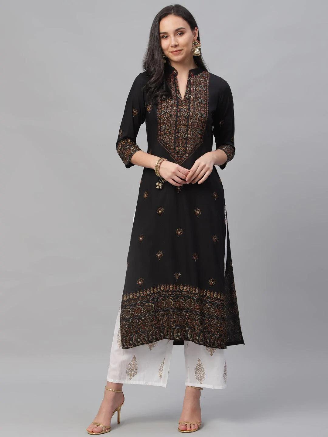 Black Printed Rayon Kurta