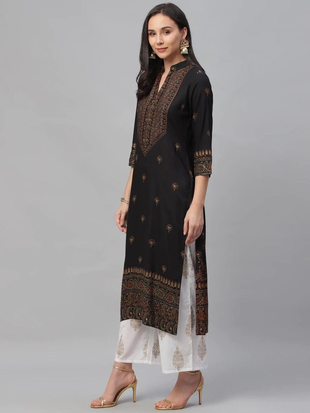 Black Printed Rayon Kurta