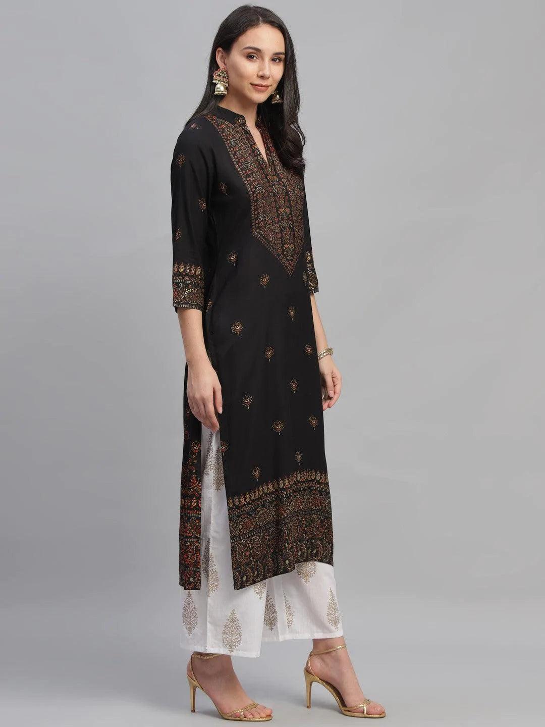 Black Printed Rayon Kurta