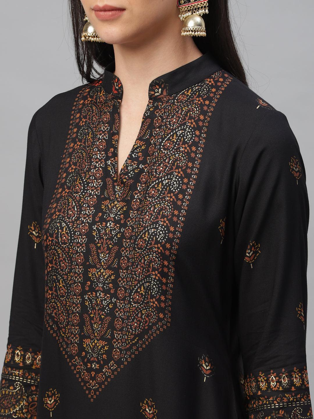 Black Printed Rayon Kurta