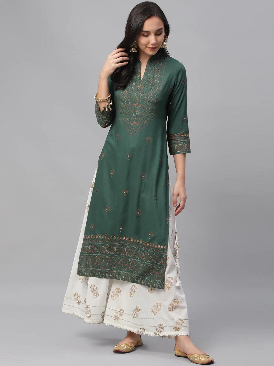 Green Printed Rayon Kurta - ShopLibas