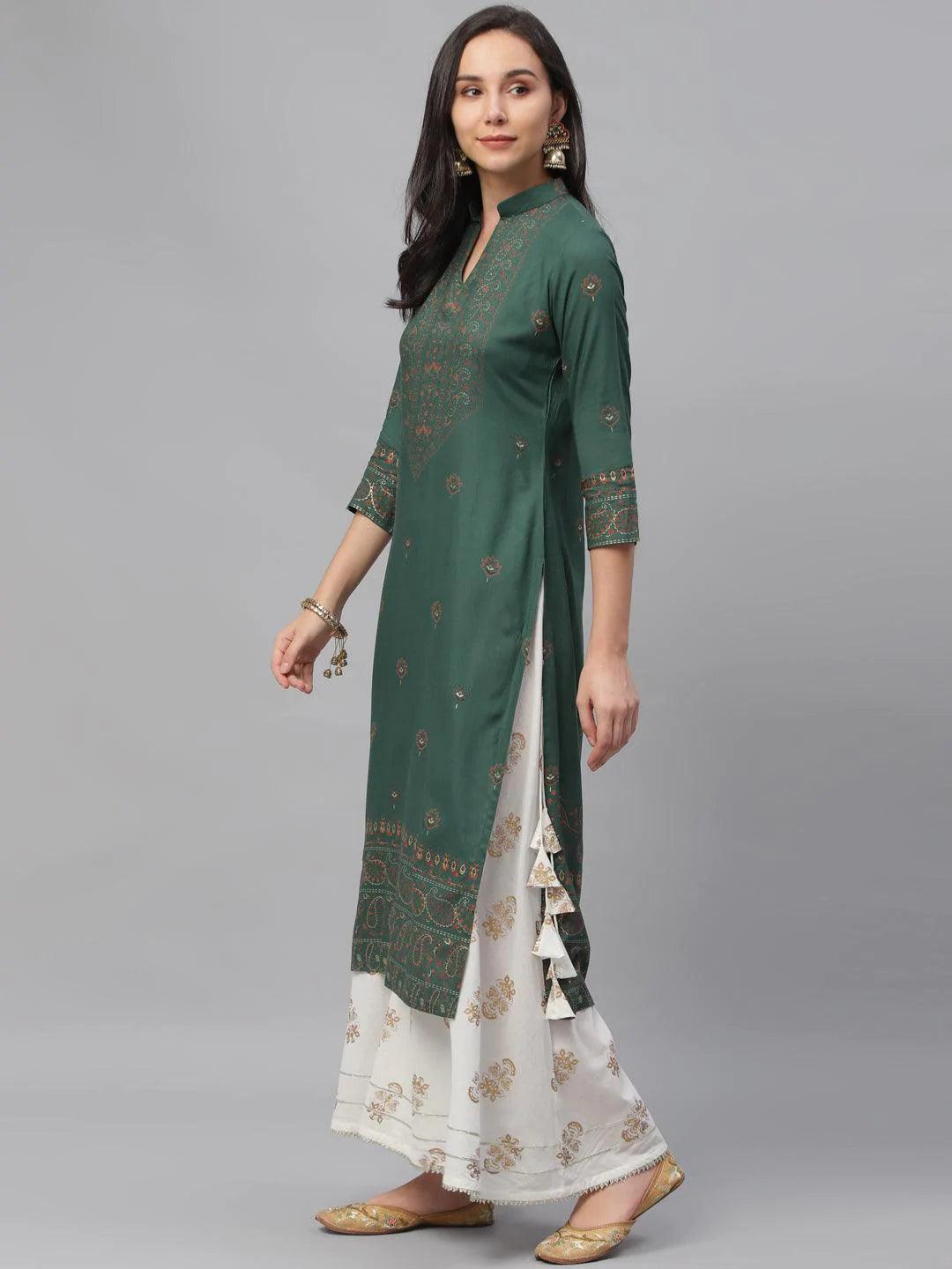 Green Printed Rayon Kurta