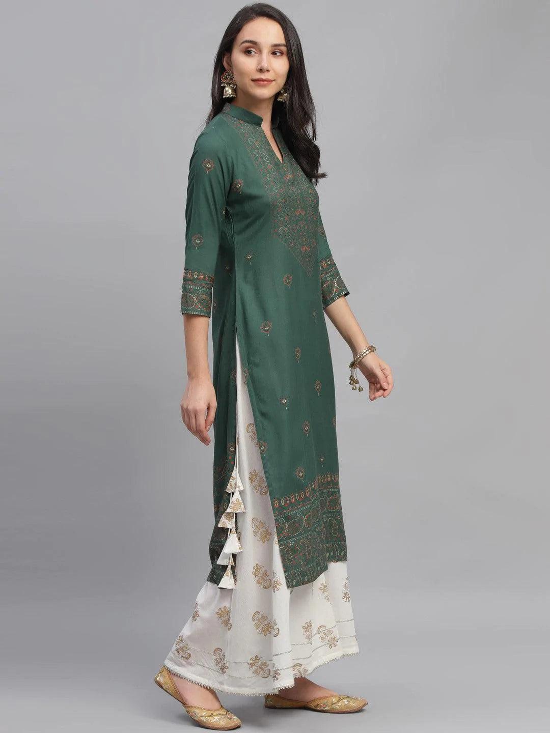 Green Printed Rayon Kurta