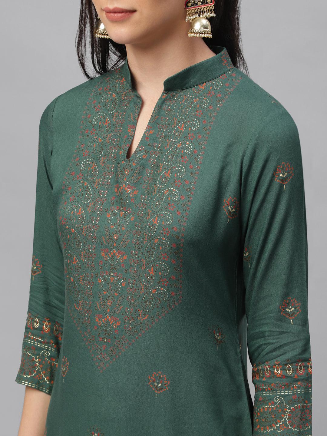 Green Printed Rayon Kurta