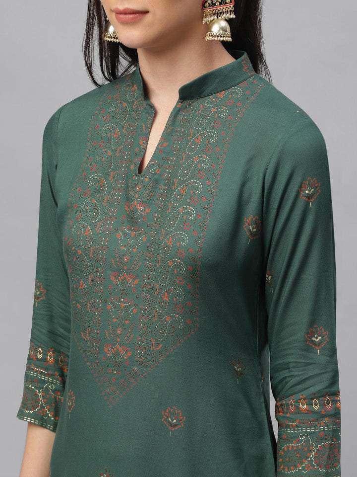 Green Printed Rayon Kurta - ShopLibas