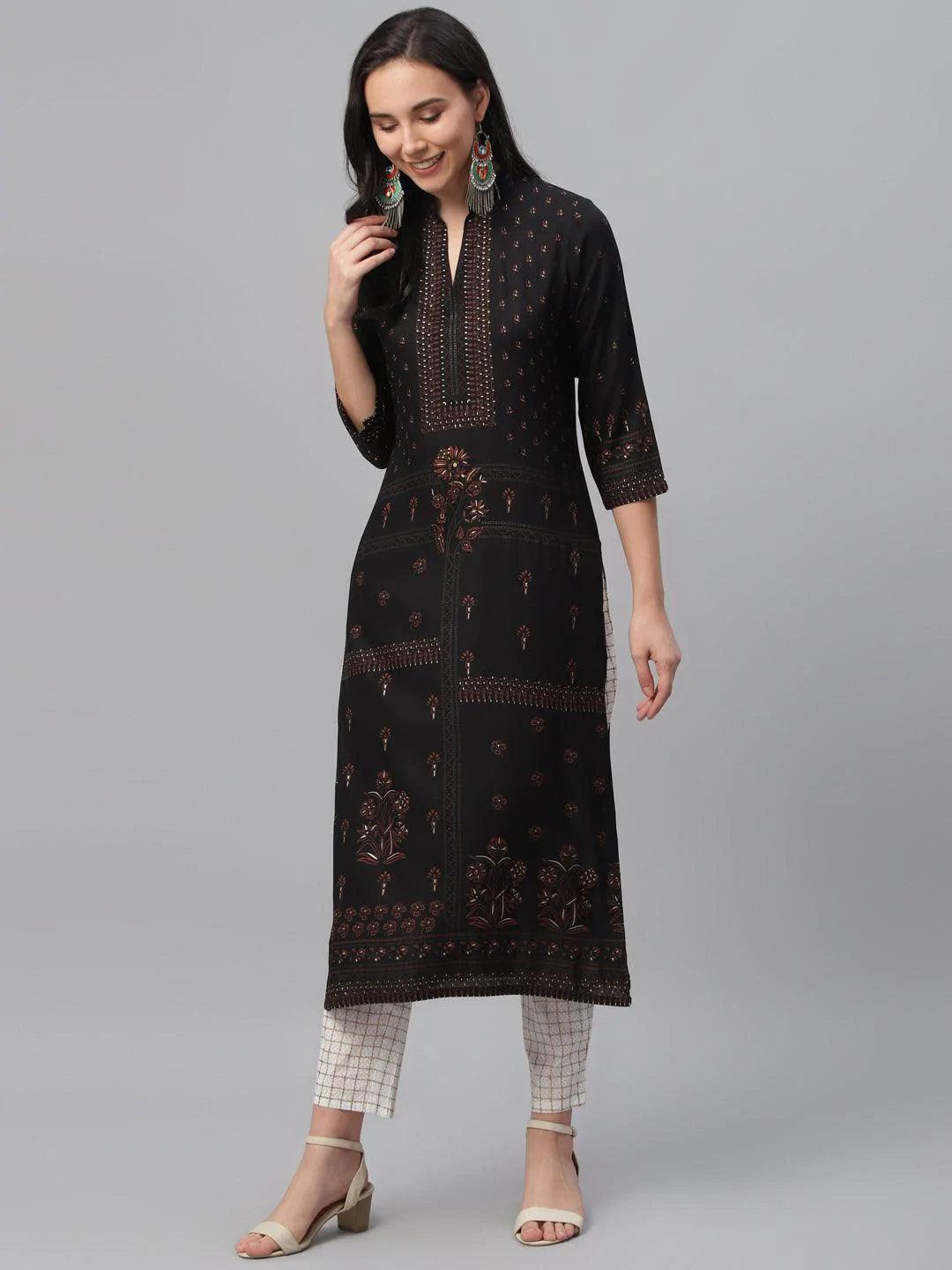 Black Printed Rayon Kurta