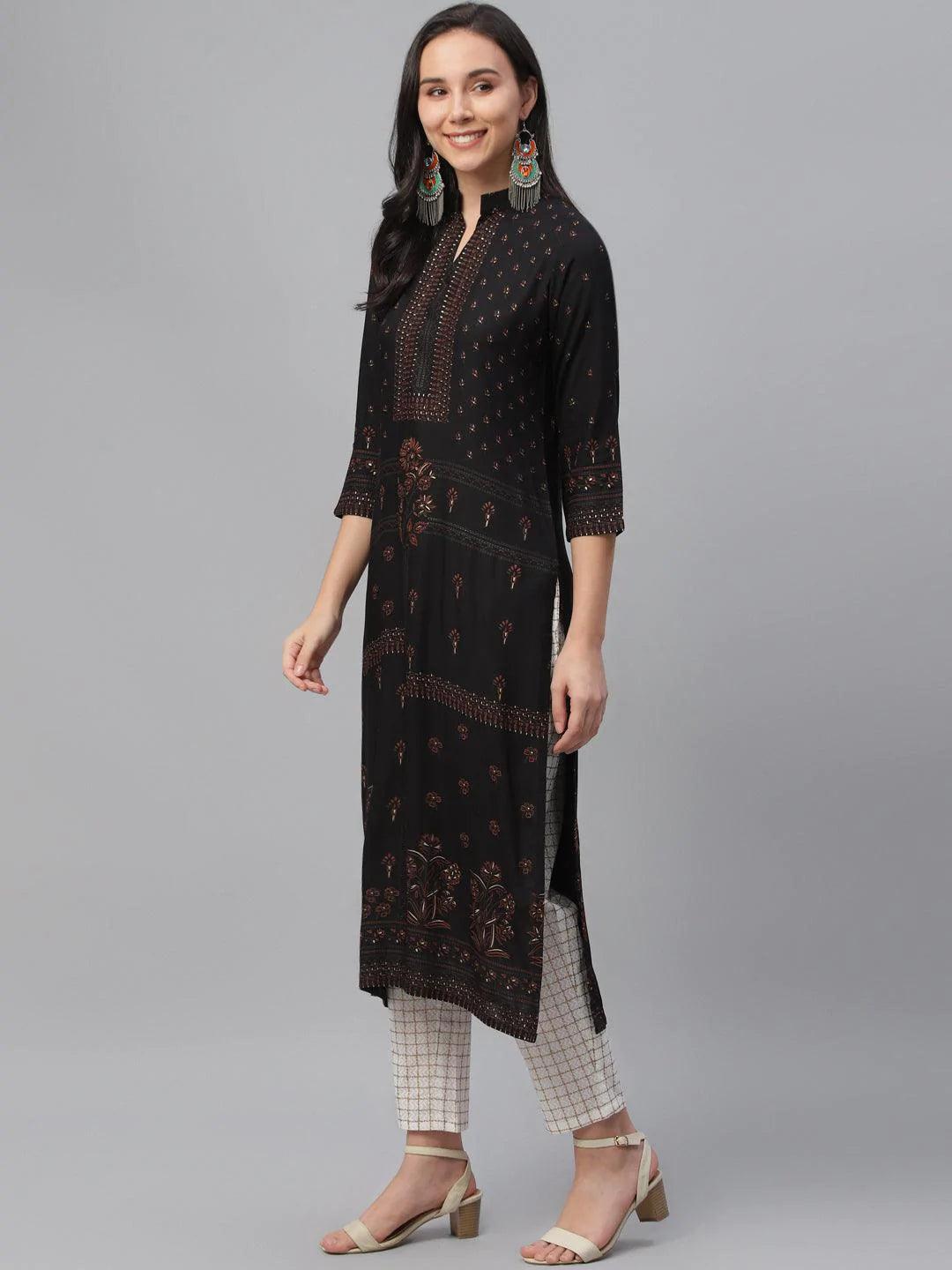 Black Printed Rayon Kurta