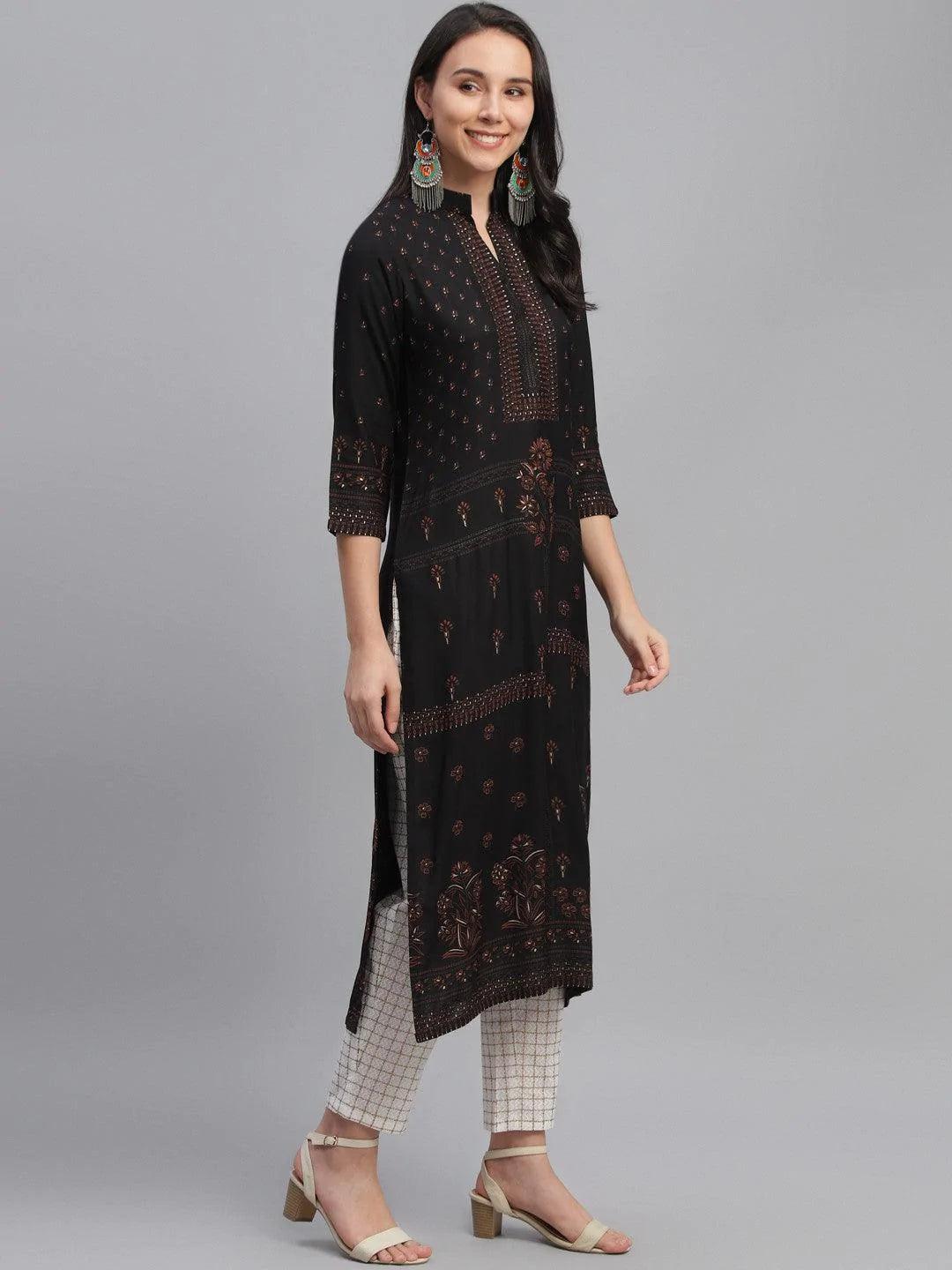 Black Printed Rayon Kurta